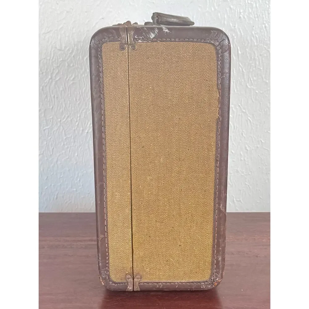 Brown Hard Sided Suitcase 1940s Ruched Interior Travel Luggage